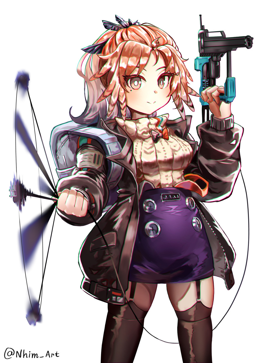 1girl absurdres arknights backpack bag black_jacket black_thighhighs blue_skirt blush brown_eyes brown_sweater buttons cable_knit chromatic_aberration closed_mouth cowboy_shot double-breasted double_strap_slip feather_hair garter_straps high-waist_skirt highres holding_tool jacket legs_apart long_hair long_sleeves looking_at_viewer mole mole_under_eye nail_gun nhim open_clothes open_jacket orange_hair pinecone_(arknights) ponytail power_cord ribbed_sweater sidelocks simple_background skirt smile solo spinning suspender_skirt suspenders sweater thigh-highs turtleneck twitter_username white_background zettai_ryouiki