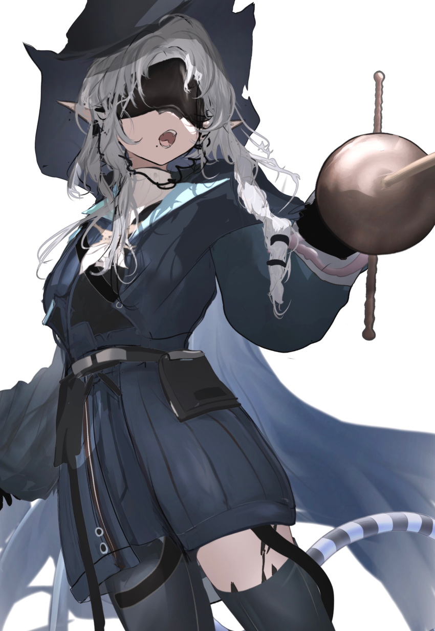 1girl absurdres arknights black_gloves blue_coat braid cape coat cowboy_shot fangs fighting_stance gloves grey_hair hat head-mounted_display headset highres holding holding_sword holding_weapon long_sleeves material_growth mebe_(teadia_violet) medium_hair mole mole_under_mouth open_mouth oripathy_lesion_(arknights) pointy_ears pouch rapier simple_background single_braid single_leg_pantyhose single_thighhigh snake_tail solo standing sword tail thigh-highs tulip_(arknights) weapon white_background