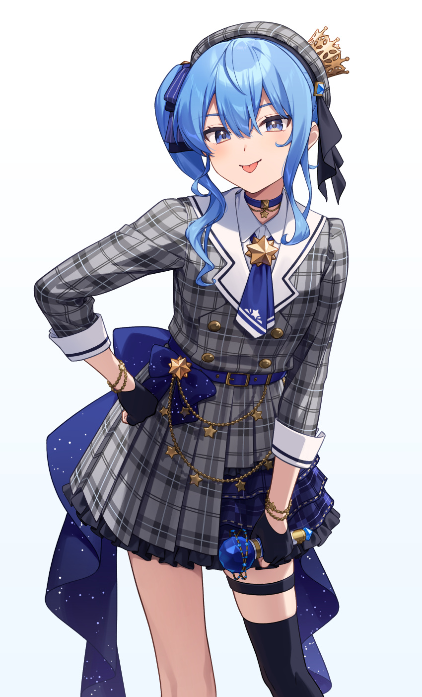 1girl :p absurdres akabino ascot back_bow belt belt_chain beret black_gloves black_thighhighs blue_ascot blue_belt blue_bow blue_choker blue_eyes blue_hair bow buttons choker collared_shirt commentary_request crown double-breasted feet_out_of_frame frilled_skirt frills gloves grey_beret grey_jacket grey_skirt hair_between_eyes hand_on_own_hip hat highres holding holding_microphone hololive hoshimachi_suisei hoshimachi_suisei_(1st_costume) jacket leaning_forward long_hair long_sleeves looking_at_viewer microphone mini_crown miniskirt partially_fingerless_gloves plaid plaid_headwear plaid_jacket plaid_skirt pleated_skirt ribbon shirt side_ponytail sidelocks simple_background single_thighhigh skirt skirt_set sleeve_cuffs sleeves_past_elbows solo star_(symbol) star_bracelet star_choker star_in_eye symbol_in_eye thigh-highs thigh_strap tilted_headwear tongue tongue_out virtual_youtuber waist_bow white_background white_shirt