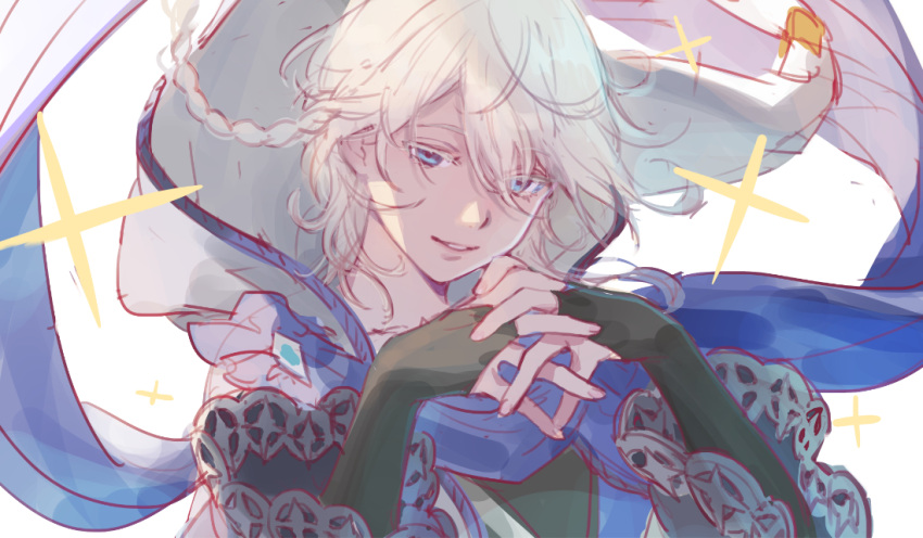 1boy androgynous blue_eyes blue_scarf braid colored_eyelashes elbow_gloves fingerless_gloves floating_clothes floating_hair floating_scarf gloves granblue_fantasy hair_between_eyes hood hood_down lace_trim looking_at_viewer messy_hair noa_(granblue_fantasy) own_hands_together parted_lips scarf sketch smile sparkle tki upper_body white_background white_hair