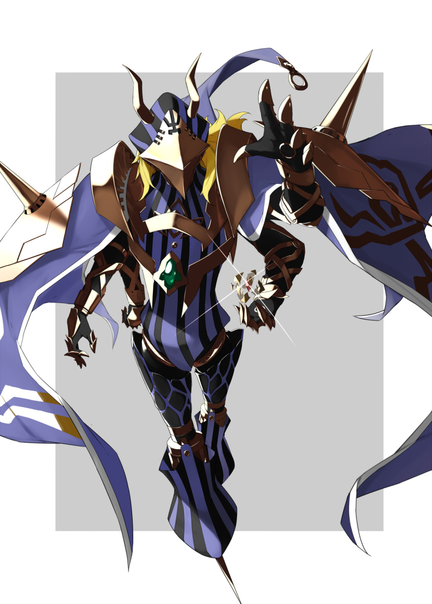 1boy armor avicebron_(fate) blonde_hair border cape claw_ring extra_arms fake_horns fate/grand_order fate_(series) full_body grey_background helmet highres horned_helmet horns joints male_focus medium_hair nagihana outside_border outstretched_arm pauldrons purple_cape robot_joints shoulder_armor simple_background solo white_border
