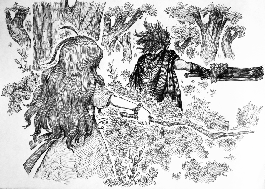 1boy 1girl absurdres ahoge brother_and_sister bush cape chronozbergh commentary elden_ring forest from_behind graphite_(medium) greyscale highres holding holding_stick holding_sword holding_weapon long_hair malenia_blade_of_miquella monochrome nature siblings starscourge_radahn stick sword traditional_media tree wavy_hair weapon wristband