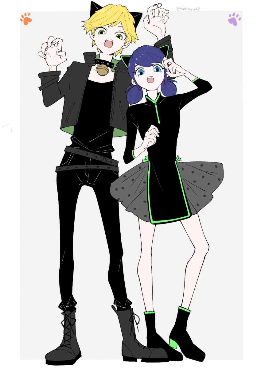 1boy 1girl adrien_agreste animal_ears bell black_dress black_footwear black_jacket black_shirt blonde_hair blue_eyes blue_hair cat_boy cat_ears cat_girl chat_noir dress full_body green_eyes grey_background highres jacket jingle_bell lady_noir looking_at_viewer marinette_dupain-cheng miracharink0 miraculous_ladybug open_clothes open_jacket open_mouth paw_pose shirt short_twintails simple_background smile twintails