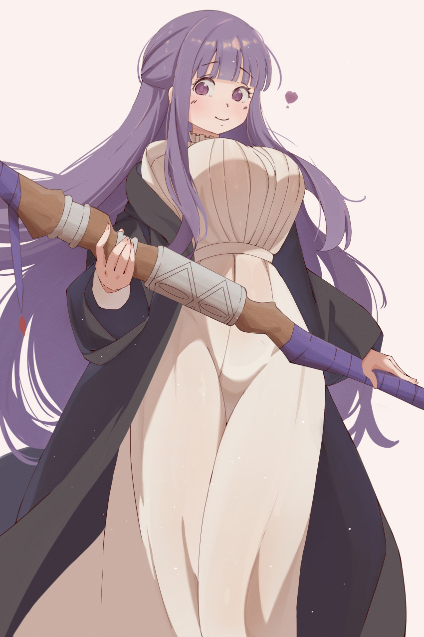 1girl absurdres ang_styles black_robe blunt_bangs blunt_ends blush breasts collar dress feet_out_of_frame fern_(sousou_no_frieren) frilled_collar frills full_body heart highres holding holding_wand large_breasts long_dress long_hair looking_at_viewer off_shoulder purple_hair purple_ribbon ribbon robe sidelocks simple_background smile solo sousou_no_frieren standing tight_clothes tight_dress violet_eyes wand white_background white_dress