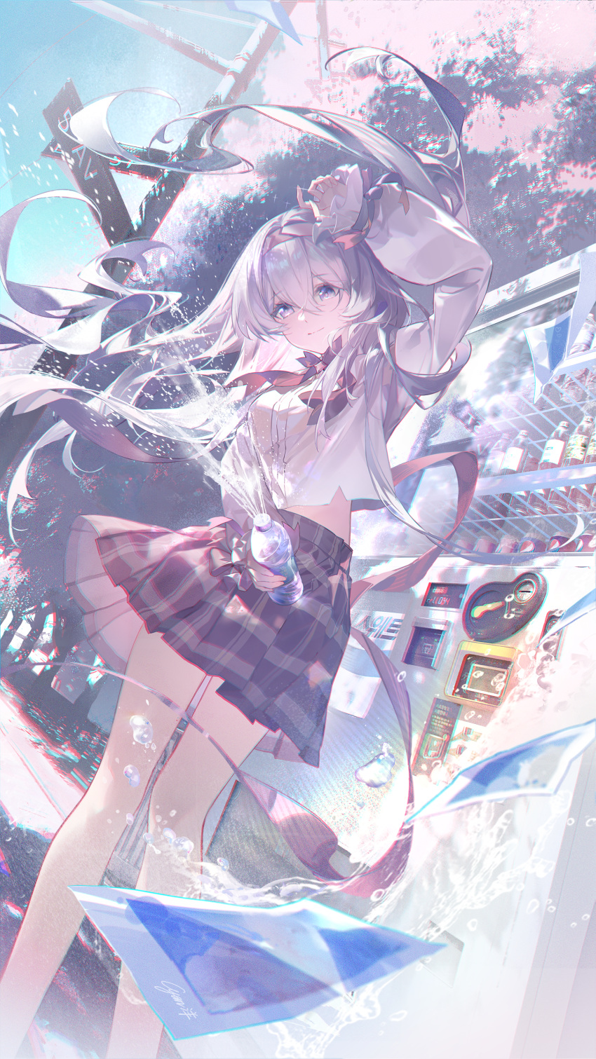 1girl absurdres air_bubble alternate_costume black_hairband black_skirt bottle bubble cherry_blossoms closed_mouth cyan_yang firefly_(honkai:_star_rail) floating_hair grey_eyes grey_hair hair_between_eyes hairband highres holding holding_bottle honkai:_star_rail honkai_(series) long_hair long_sleeves looking_at_viewer outdoors pleated_skirt school_uniform shirt signature skirt smile standing white_shirt