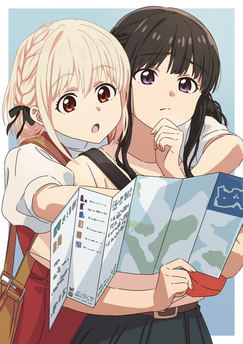 2girls asada7101 bag black_dress black_hair black_ribbon blonde_hair border braid brown_bag brown_shirt closed_mouth commentary_request dress french_braid hair_ribbon highres holding holding_map inoue_takina low_side_ponytail lycoris_recoil map multiple_girls nishikigi_chisato official_alternate_costume open_mouth outside_border pinafore_dress puffy_short_sleeves puffy_sleeves red_dress red_eyes ribbon shirt short_hair short_sleeves shoulder_bag sidelocks sleeveless sleeveless_dress violet_eyes white_border white_shirt