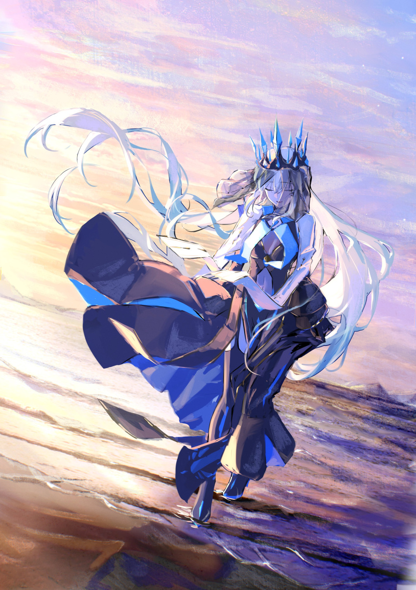 1girl absurdres black_dress black_gloves black_veil blue_eyes braid breasts capelet center_opening clothing_cutout crown dress fate/grand_order fate_(series) french_braid gloves grey_hair highres large_breasts long_hair long_sleeves mochi_upamo morgan_le_fay_(fate) morgan_le_fay_(queen_of_winter)_(fate) multicolored_capelet ornament ponytail sidelocks solo stomach_cutout two-tone_dress veil very_long_hair wide_sleeves