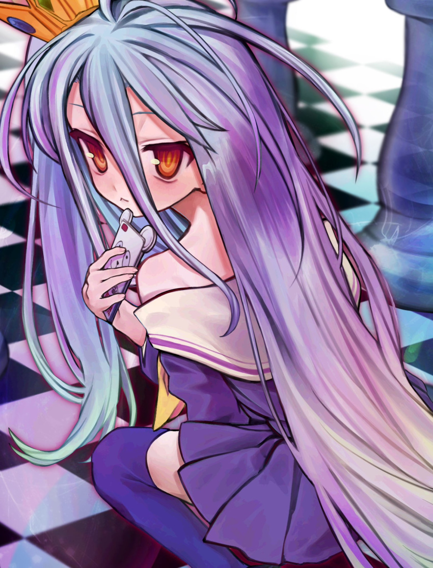 1girl :&lt; bare_shoulders blue_hair blush board_game cellphone chess chess_piece crown dress gradient_hair highres holding holding_phone long_hair looking_at_viewer multicolored_hair no_game_no_life off_shoulder orange_eyes phone purple_hair shiro_(no_game_no_life) smartphone solo thigh-highs uee_m very_long_hair zettai_ryouiki