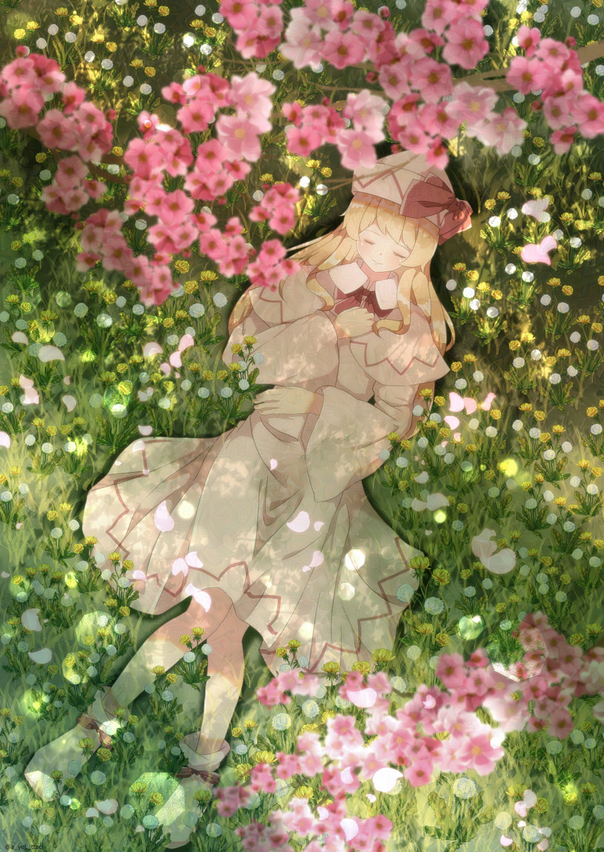 1girl absurdres blonde_hair blurry blurry_foreground blush capelet cattleya_(a_yel_ttac) cherry_blossoms commentary_request dandelion depth_of_field dress field flower flower_field grass highres lily_white lying on_back on_ground outdoors sleeping smile solo touhou twitter_username white_capelet white_dress white_footwear white_hat