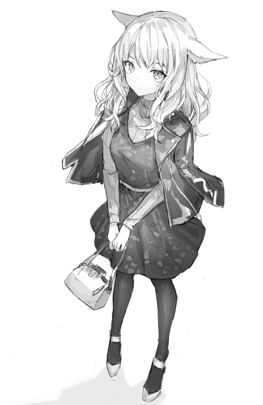 1girl animal_ears bag facial_mark final_fantasy final_fantasy_xiv full_body greyscale highres holding holding_bag jacket long_hair long_sleeves looking_at_viewer miqo'te momoko_(momopoco) monochrome open_clothes open_jacket own_hands_together shadow simple_background solo thigh-highs whisker_markings white_background