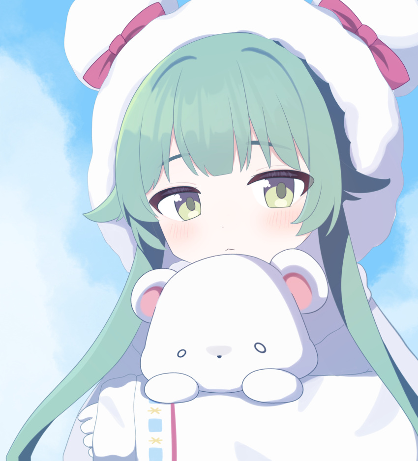 1girl absurdres animal_ears bear_ears blue_archive blue_sky blush bow closed_mouth clouds cloudy_sky coat commentary_request fur-trimmed_coat fur_trim gloves green_eyes green_hair hair_flaps hat hat_bow highres holding holding_stuffed_toy hood hooded_coat momiji_(blue_archive) peso_(pesomeren) pom_pom_(clothes) red_bow sky solo stuffed_animal stuffed_toy teddy_bear twintails white_coat white_gloves