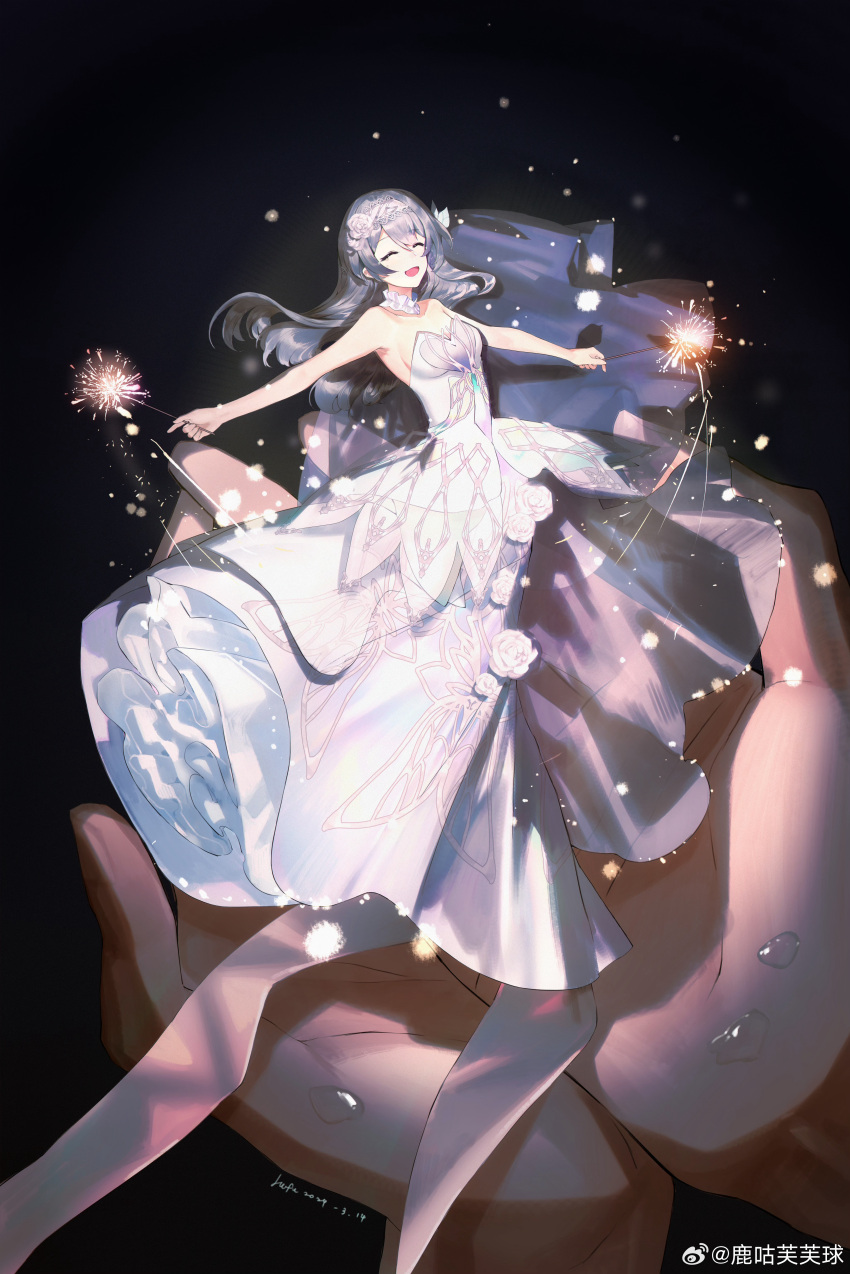 1girl absurdres black_background choker closed_eyes closed_mouth deer_gu_fu_fu_ball dress firefly_(honkai:_star_rail) floating_hair grey_hair hair_between_eyes hands_up highres holding_fireworks honkai:_star_rail honkai_(series) long_dress looking_at_viewer outstretched_arms sleeveless smile solo strapless strapless_dress tiara white_choker white_dress