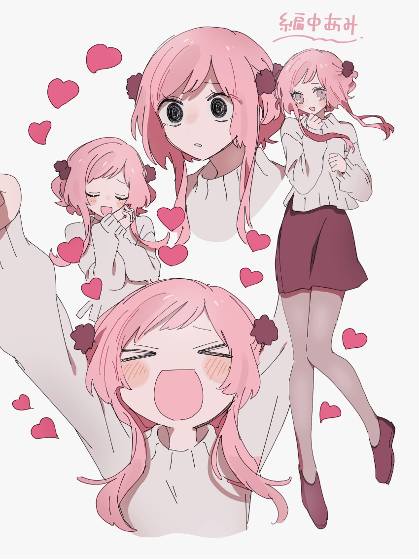 &gt;_&lt; 1girl @_@ arms_up blush closed_eyes cropped_torso empty_eyes expressions full_body hand_up heart highres long_sleeves looking_at_viewer maco22 multiple_views open_mouth original pantyhose parted_lips pink_eyes pink_hair short_hair_with_long_locks sidelocks simple_background skirt smile sweater translation_request white_background white_sweater