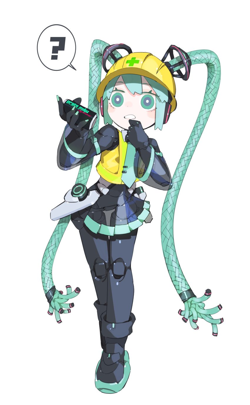 1girl absurdres android aqua_eyes aqua_hair aqua_necktie bare_shoulders black_sleeves bright_pupils cable_hair can cheri_zao detached_sleeves drink drink_can full_body hatsune_miku high-visibility_vest highres holding holding_drink joints long_hair looking_at_viewer mechanical_parts miniskirt necktie robot_girl robot_joints see-through see-through_skirt see-through_sleeves shirt simple_background skirt sleeveless sleeveless_shirt solo standing very_long_hair vest vocaloid white_background white_pupils yellow_helmet yellow_vest