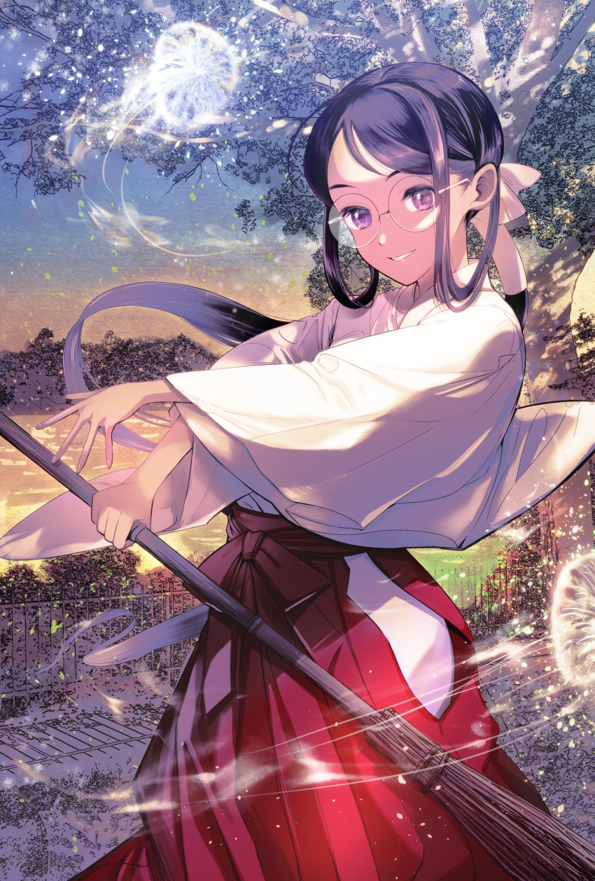1girl absurdres black_hair broom day glasses hair_rings harumachi_(hi-sugar) highres hitodama holding holding_broom japanese_clothes miko miko_day original outdoors standing tree violet_eyes wide_sleeves