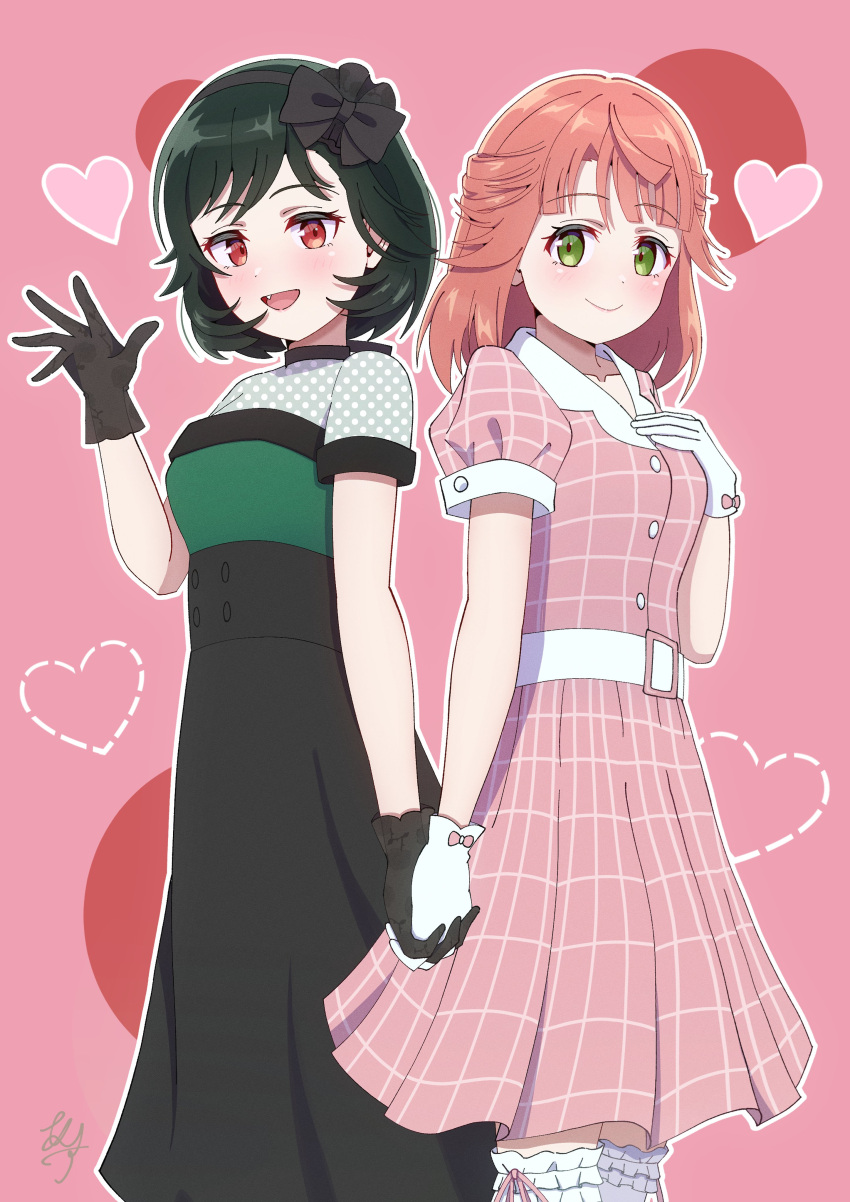 2girls absurdres alternate_hairstyle back-to-back black_bow black_dress black_gloves black_hairband bow bow_hairband closed_mouth collarbone commentary dress fang gloves green_eyes green_hair hairband half_updo heart highres holding_hands ice_compass0610 interlocked_fingers looking_at_viewer love_live! love_live!_nijigasaki_high_school_idol_club mifune_shioriko multiple_girls open_mouth pink_background pink_dress pink_hair plaid plaid_dress puffy_short_sleeves puffy_sleeves red_eyes short_hair short_sleeves smile standing symbol-only_commentary uehara_ayumu upper_body white_gloves yuri
