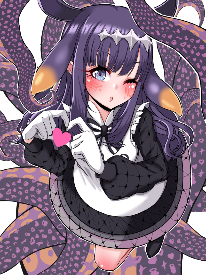 1girl ;o apron black_dress black_footwear black_hair blush commentary dress frilled_apron frills gloves gradient_hair grey_eyes h055519200 hair_flaps heart heart_hands highres hololive hololive_english long_hair long_sleeves looking_at_viewer mole mole_under_eye multicolored_hair ninomae_ina'nis ninomae_ina'nis_(pastry_chef) official_alternate_costume official_alternate_hairstyle one_eye_closed open_mouth orange_hair pointy_ears puffy_long_sleeves puffy_sleeves short_dress sidelocks solo tentacle_hair tentacles virtual_youtuber wavy_hair white_apron white_gloves