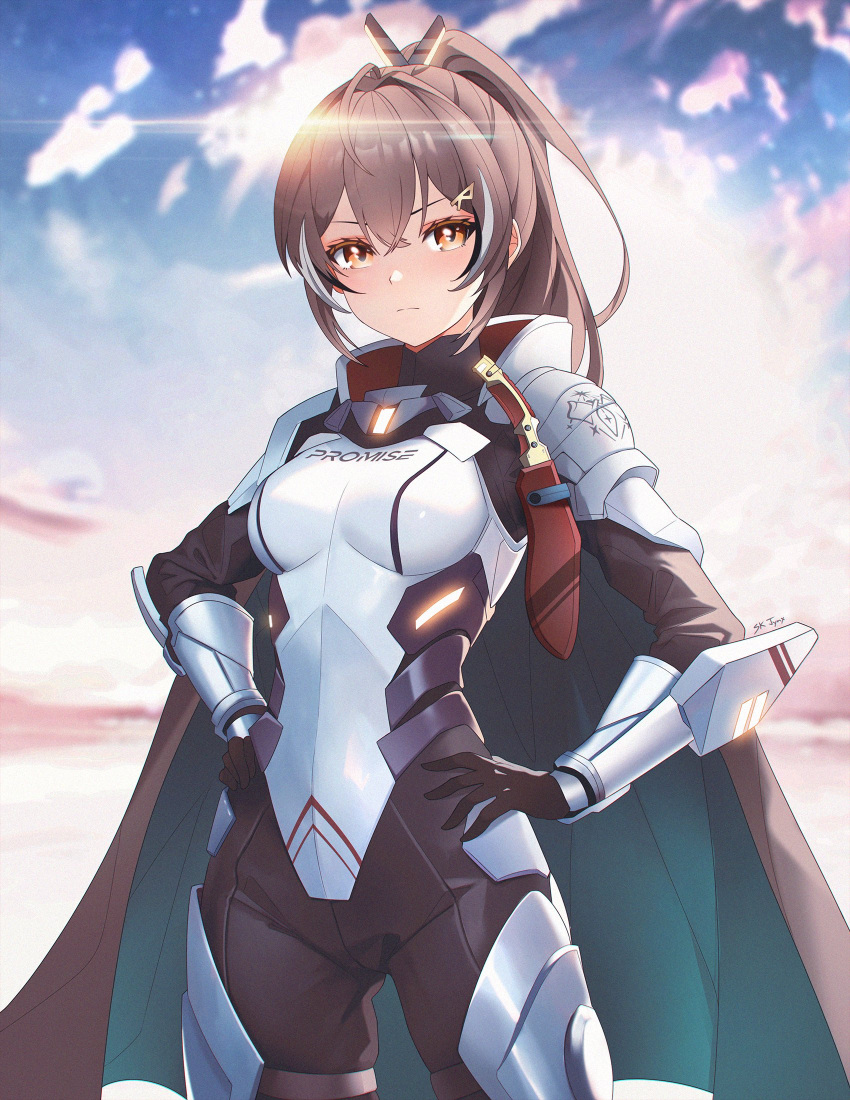 1girl armor black_bodysuit black_cape black_gloves blue_sky bodysuit breastplate breasts brown_eyes brown_hair cape closed_mouth clouds cloudy_sky cowboy_shot day frown full_armor gloves green_cape hands_on_own_hips head_wings helldivers_(series) high_ponytail highres hololive hololive_english large_breasts legs_apart lens_flare long_hair looking_at_viewer multicolored_hair nanashi_mumei outdoors pauldrons shoulder_armor sidelocks sk_jynx sky solo streaked_hair two-sided_cape two-sided_fabric v-shaped_eyebrows vambraces virtual_youtuber white_hair wings
