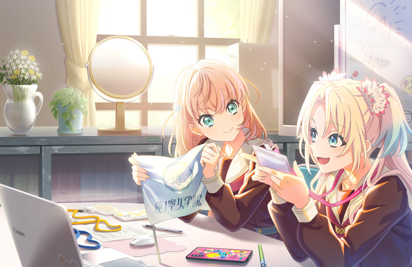 2girls aqua_eyes blonde_hair blue_eyes blue_hair brown_dress cellphone closed_mouth clubroom computer computer_mouse crossed_bangs dress fang flag flower game_cg gradient_hair hair_flower hair_ornament hasu_no_sora_school_uniform highres hinoshita_kaho holding holding_flag indoors lanyard laptop light_blue_hair light_particles lined_paper link!_like!_love_live! long_hair long_sleeves looking_at_another love_live! medium_hair mousepad_(object) multicolored_hair multiple_girls neckerchief official_art on_chair open_mouth orange_hair osawa_rurino parted_bangs pen phone pink_flower pleated_dress rabbit_hair_ornament red_neckerchief sailor_collar sailor_dress school_uniform sideways_mouth sitting smartphone smile split_mouth table third-party_source twintails two_side_up unworn_lanyard virtual_youtuber white_flower white_sailor_collar whiteboard window winter_uniform