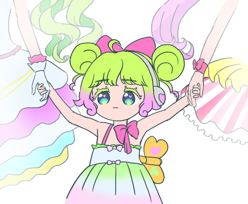 3girls absurdres aged_down ahoge arms_up bow closed_mouth commentary_request double_bun dress falulu falulu_(awakened) gradient_hair green_dress green_hair hair_bow hair_bun highres holding_hands hyopu laalulu manaka_laala multicolored_hair multiple_girls out_of_frame pink_bow pretty_series pripara purple_hair solo_focus standing white_background winding_key