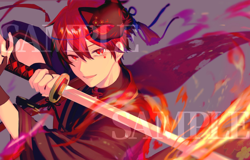 1boy a-lun_(utaite) black_bridal_gauntlets black_kimono black_shirt bridal_gauntlets facing_viewer flaming_sword flaming_weapon floral_print fox_mask grey_background hair_between_eyes highres holding holding_sword holding_weapon japanese_clothes kaguya13_ils katana kimono looking_at_viewer male_focus mask mask_on_head official_art parted_lips paw_print_tattoo prince_kingdom red_eyes redhead sample_watermark shirt short_hair simple_background smile solo sword tassel upper_body utaite watermark weapon wide_sleeves