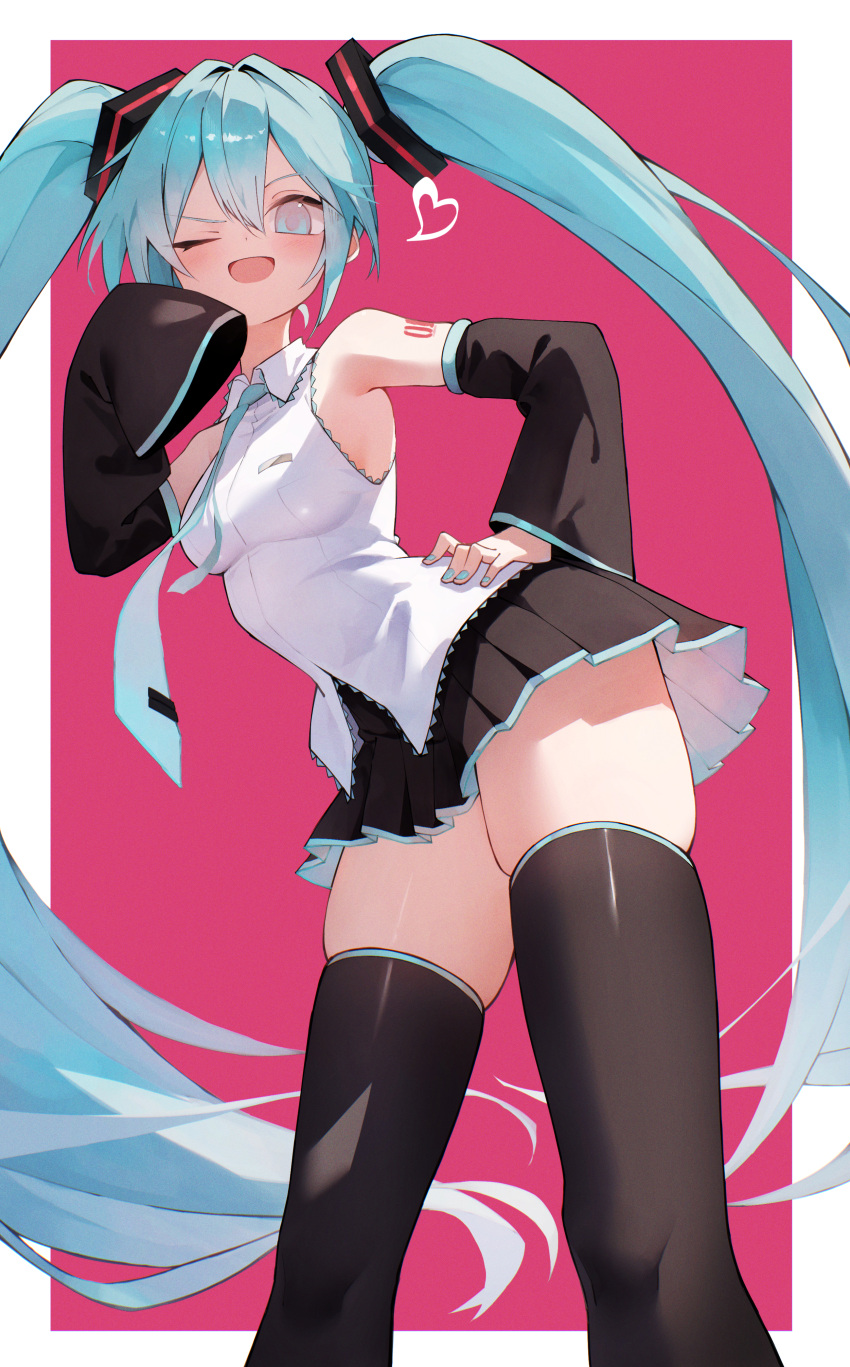 1girl 200f_(nifu) absurdres aqua_eyes aqua_hair aqua_nails aqua_necktie armpits black_sleeves border collared_shirt detached_sleeves feet_out_of_frame from_below hair_between_eyes hair_intakes hand_on_own_hip hatsune_miku heart highres leaning_forward long_hair miniskirt necktie one_eye_closed pink_background shirt skindentation skirt sleeves_past_fingers sleeves_past_wrists solo thigh-highs twintails vocaloid white_border white_shirt zettai_ryouiki