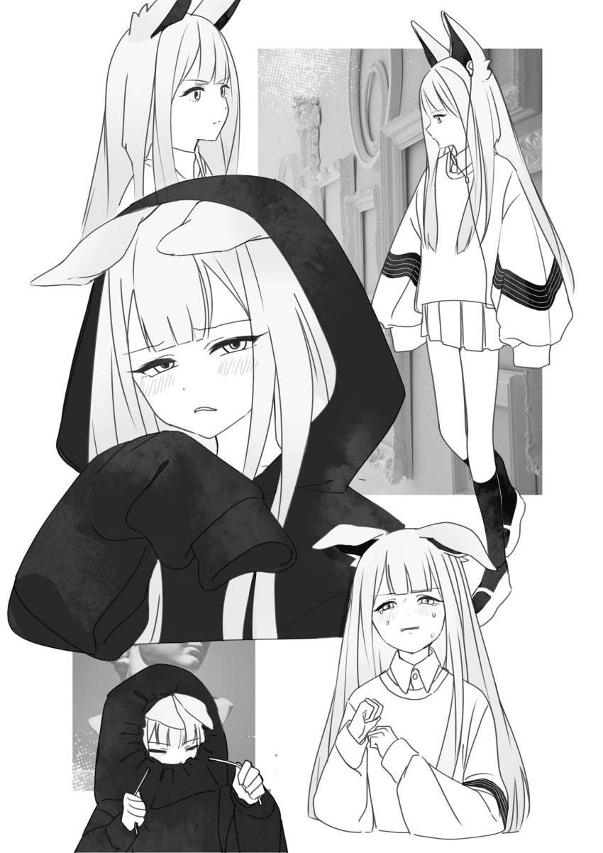 1girl anata_shika_mienai_no_(vocaloid) animal_ears black_hoodie black_socks closed_eyes closed_mouth commentary_request crying crying_with_eyes_open drawstring_pull earphones earphones floppy_ears frown hands_up highres hood hood_up hoodie limited_palette long_hair long_sleeves looking_at_viewer lowlay60 mary_janes multiple_views personality_v pleated_skirt shirt shoes skirt sleeves_past_fingers sleeves_past_wrists socks sweater tears very_long_hair vocaloid white_eyes white_footwear white_hair white_shirt