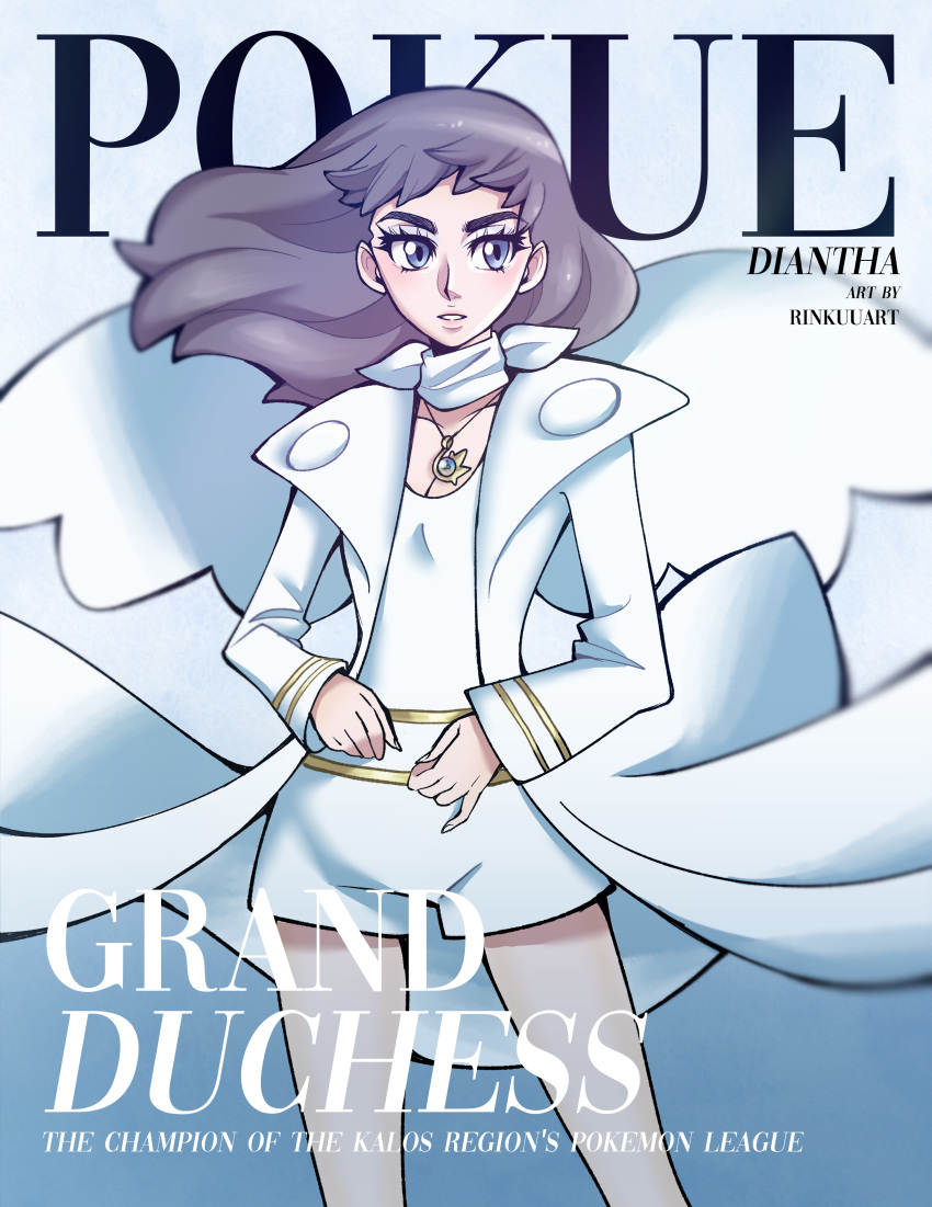 1girl absurdres blue_eyes brown_hair cover diantha_(pokemon) fake_magazine_cover hair_down highres jacket jewelry long_hair magazine_cover necklace open_clothes open_jacket parted_lips pokemon pokemon_xy rinkuu_art shirt shorts white_jacket white_shirt white_shorts