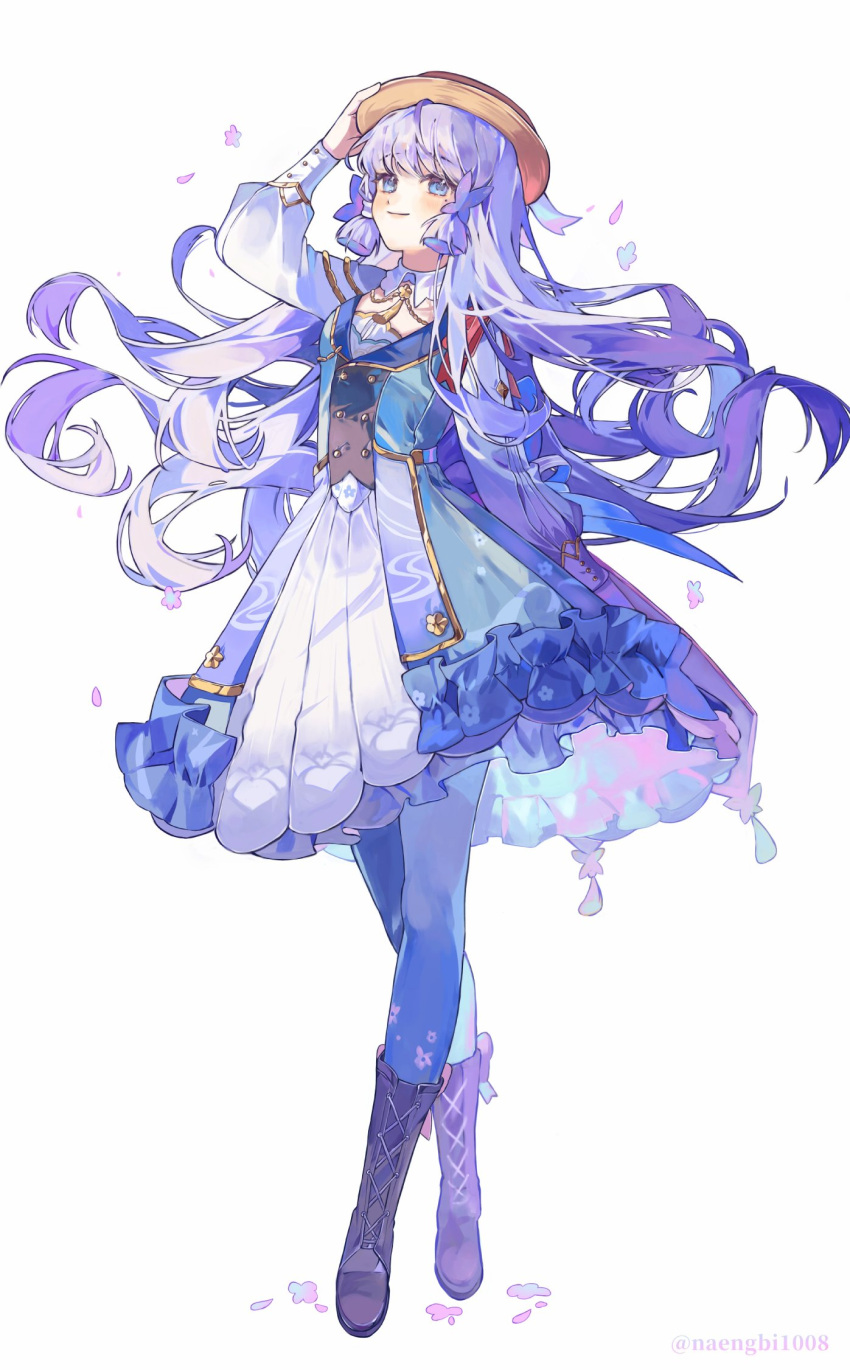 1girl alternate_hairstyle arm_up arms_behind_back blue_dress blue_eyes blue_hair blunt_bangs blunt_tresses boots brown_footwear butterfly_hair_ornament closed_mouth cross-laced_footwear dress falling_petals floating_hair floral_print full_body genshin_impact hair_ornament highres kamisato_ayaka kamisato_ayaka_(springbloom_missive) knee_boots long_hair long_sleeves looking_up mole mole_under_eye naengbi1008 official_alternate_costume pantyhose petals sidelocks simple_background smile standing twitter_username two-tone_dress white_background white_dress white_pantyhose