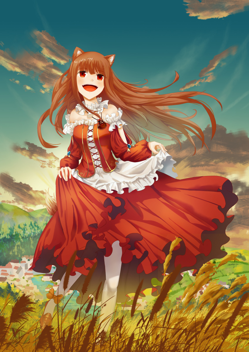1girl :d absurdres alternate_costume animal_ear_fluff animal_ears bare_shoulders blunt_bangs blush brown_hair clouds collar commentary_request corset day detached_collar detached_sleeves fangs feet_out_of_frame floating_hair floral_print formal frilled_collar frilled_corset frilled_sleeves frills happy highres holo jewelry long_hair long_skirt long_sleeves looking_afar necklace open_mouth outdoors print_corset puffy_long_sleeves puffy_sleeves red_corset red_eyes red_skirt scenery shirt sidelocks skirt skirt_hold smile solo spice_and_wolf standing teeth upper_teeth_only user_zfks3237 very_long_hair wheat_field white_shirt wolf_ears wolf_girl