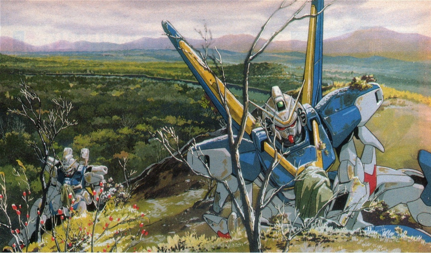 1990s_(style) animage artist_request bad_link clouds commentary damaged dirty english_commentary forest grass gundam lying magazine_scan mecha mobile_suit mountain mountainous_horizon nature no_humans official_art promotional_art retro_artstyle robot scan science_fiction traditional_media tree v2_gundam v_gundam victory_gundam