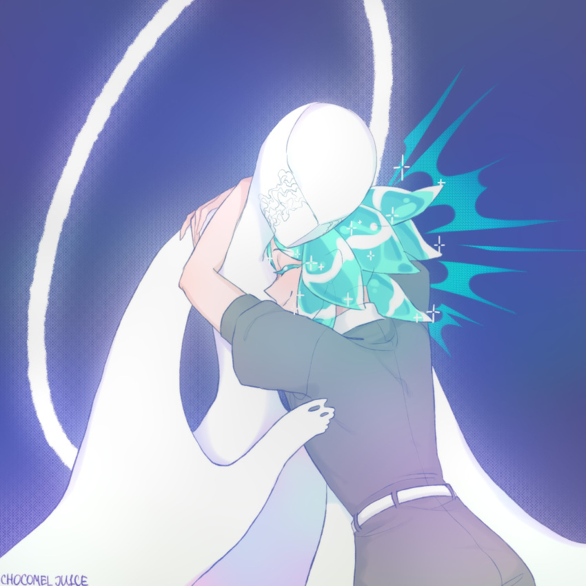 2others androgynous aqua_hair arms_up chocomel_ju1ce closed_eyes crystal_hair dual_persona english_commentary gem_uniform_(houseki_no_kuni) halo hand_up happy highres houseki_no_kuni hug multiple_others other_focus phosphophyllite phosphophyllite_(10000) puffy_short_sleeves puffy_sleeves short_hair short_sleeves smile spoilers time_paradox twitter_username