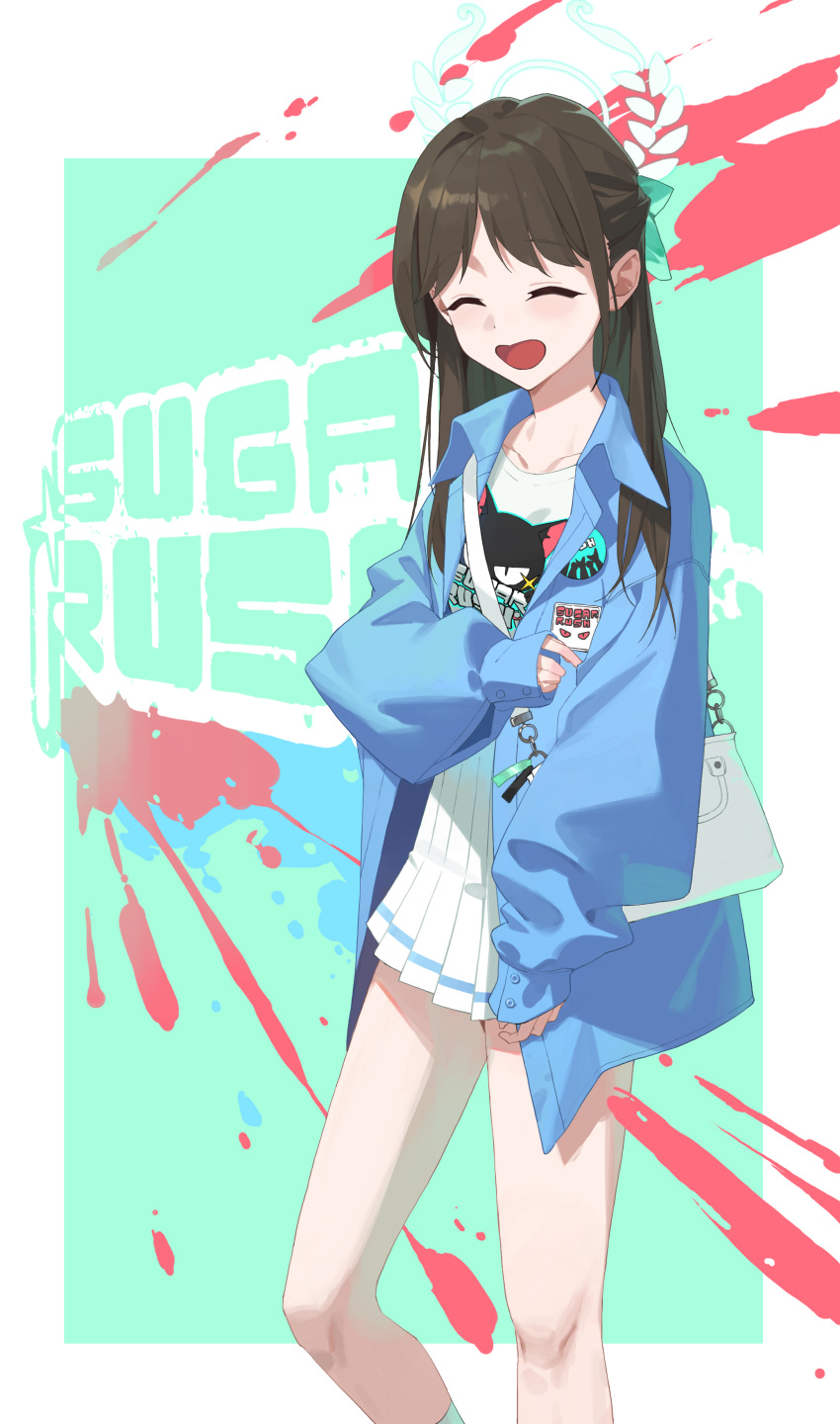 1girl absurdres airi_(band)_(blue_archive) airi_(blue_archive) bag black_hair blue_archive blue_jacket closed_eyes collarbone feet_out_of_frame green_halo halo highres jacket li-mi long_hair long_sleeves official_alternate_costume open_clothes open_jacket open_mouth pleated_skirt shirt skirt smile socks solo white_shirt white_skirt white_socks