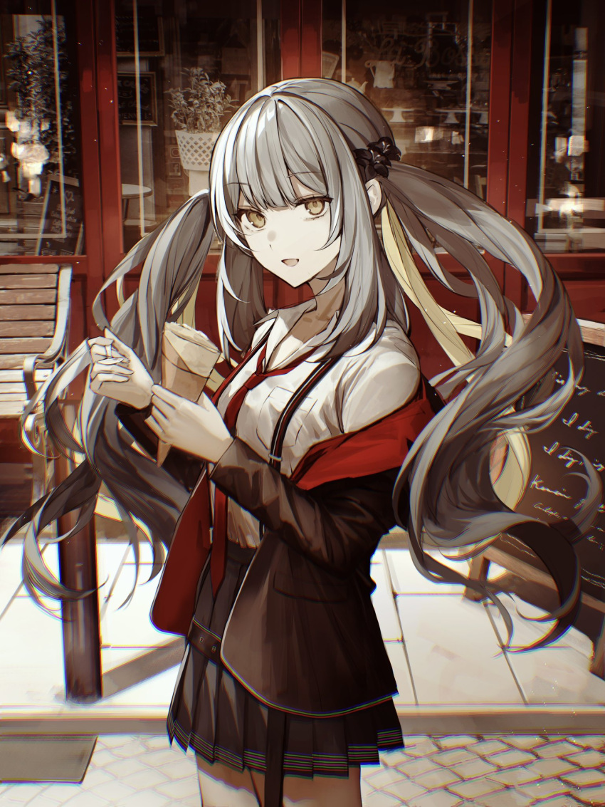 1girl black_jacket black_skirt collared_shirt commentary_request fate/grand_order fate_(series) food grey_hair highres holding holding_food jacket long_hair long_sleeves looking_at_viewer marie_antoinette_(alter)_(fate) marie_antoinette_(alter)_(first_ascension)_(fate) marie_antoinette_(fate) necktie off_shoulder open_clothes open_jacket pleated_skirt red_necktie shirt skirt smile solo suspenders tamitami twintails white_shirt yellow_eyes