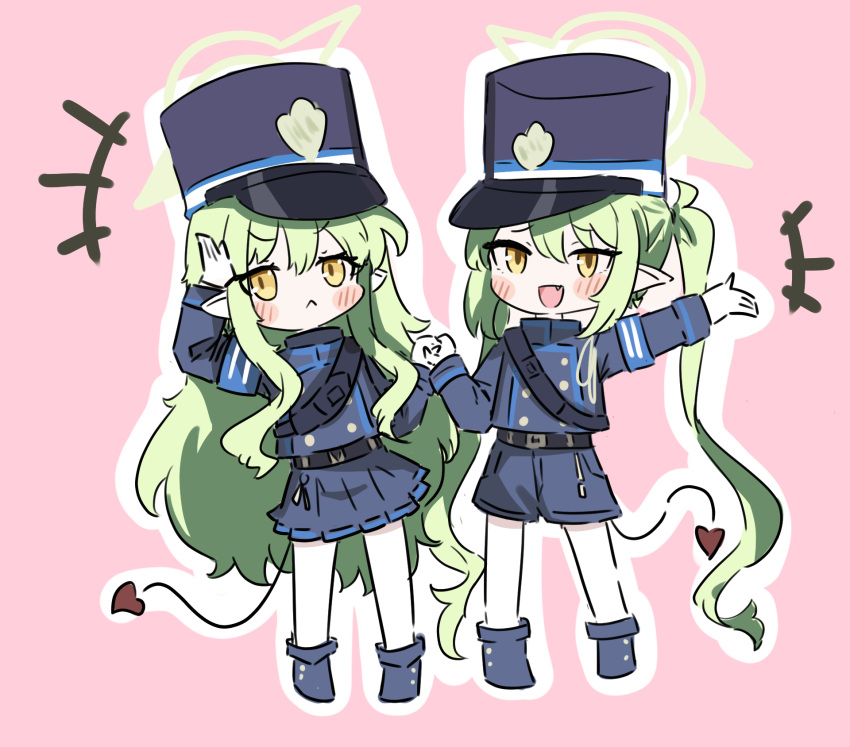 +++ 2girls :&lt; :d arm_up armband belt black_belt blue_archive blue_armband blue_footwear blue_hat blue_jacket blue_shorts blue_skirt blush blush_stickers boots chibi closed_mouth commentary_request demon_tail e_v_e_neko fang frown gloves green_hair hair_between_eyes halo hand_up hat highres hikari_(blue_archive) holding_hands jacket long_hair long_sleeves looking_at_viewer multiple_girls nozomi_(blue_archive) open_mouth outline pantyhose peaked_cap pink_background pleated_skirt pointy_ears raised_eyebrows shorts siblings sidelocks simple_background sisters skirt smile tail twins twintails uniform v-shaped_eyebrows very_long_hair wavy_hair white_gloves white_outline white_pantyhose yellow_eyes