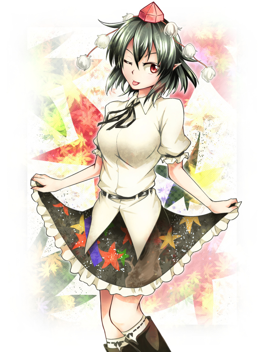 1girl ashiroku_(miracle_hinacle) belt black_belt black_footwear black_hair black_ribbon black_skirt boots breasts clip_studio_paint_(medium) collared_shirt commentary_request frilled_skirt frills hat hidden_star_in_four_seasons highres kneehighs leaf_print medium_breasts neck_ribbon one_eye_closed pointy_ears puffy_short_sleeves puffy_sleeves red_eyes red_hat ribbon shameimaru_aya shirt short_hair short_sleeves skirt skirt_hold socks solo tokin_hat tongue tongue_out touhou white_shirt white_socks white_wings wings
