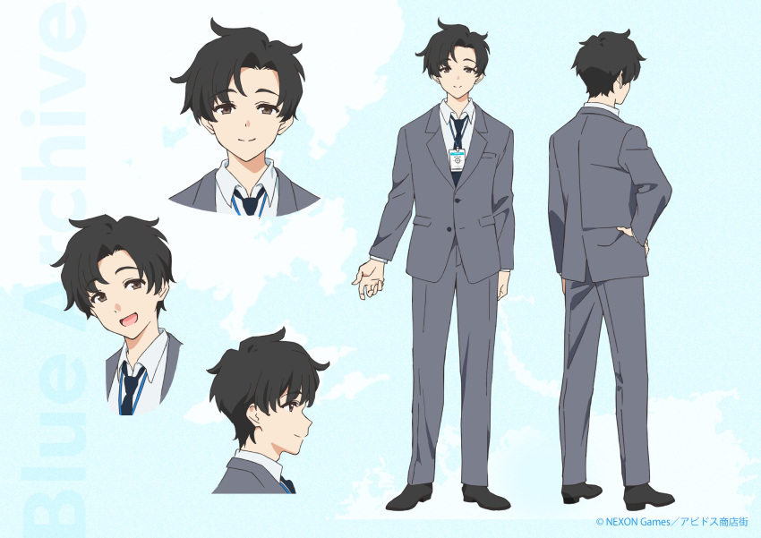 1boy black_hair black_necktie blue_archive blue_archive_the_animation english_text grey_pants grey_suit hand_on_own_hip highres lanyard male_focus messy_hair necktie official_art pants sensei_(blue_archive) sensei_(blue_archive_the_animation) shirt shoes smile solo suit white_shirt