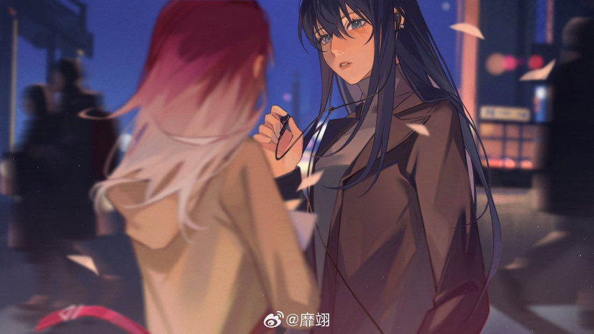 2girls 2others black_coat blue_eyes brown_jacket chinese_commentary coat commentary_request earclip earphones earphones gradient_hair grey_sweater highres holding jacket long_hair looking_at_another miix777 multicolored_hair multiple_girls multiple_others night outdoors parted_lips path_to_nowhere purple_hair rahu_(path_to_nowhere) scar scar_across_eye shalom_(path_to_nowhere) sweater turtleneck turtleneck_sweater upper_body weibo_watermark white_hair