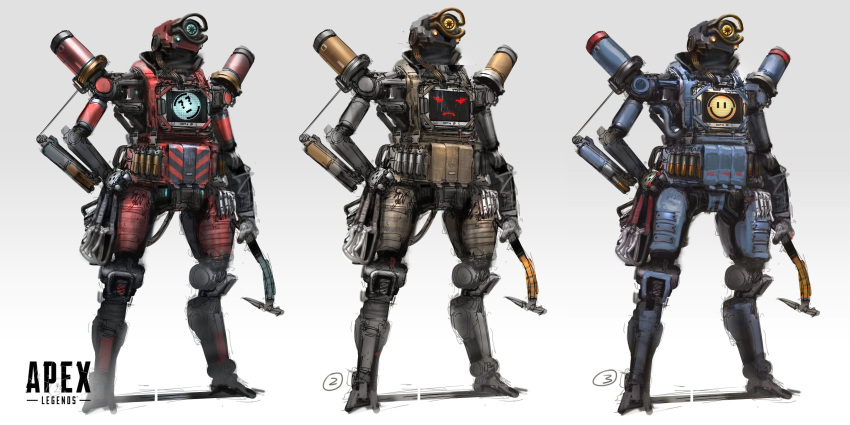 absurdres apex_legends blue_eyes cable concept_art copyright_name english_commentary head_tilt highres holding holding_pickaxe humanoid_robot looking_up no_humans official_art orange_eyes pathfinder_(apex_legends) pickaxe production_art prog_(progwwww) prototype_design robot science_fiction screen shadow variations