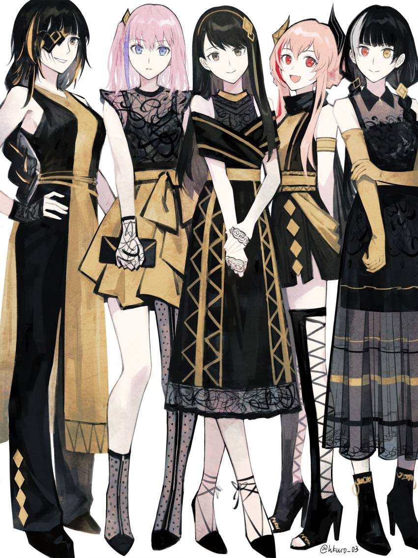 5girls alternate_costume asymmetrical_footwear bag black_dress black_footwear black_hair black_pants blue_eyes boots braid brown_eyes closed_mouth dress elbow_gloves eyepatch fake_horns full_body girls_frontline gloves green_hair hand_on_own_elbow hand_on_own_hip hei_chuan_gui heterochromia high_heel_boots high_heels highres holding holding_bag horns long_hair looking_at_viewer m16a1_(girls'_frontline) m4_sopmod_ii_(girls'_frontline) m4a1_(girls'_frontline) multicolored_hair multiple_girls open_mouth orange_hair pants parted_lips pink_hair purple_hair red_eyes redhead ro635_(girls'_frontline) scar scar_across_eye shoes simple_background smile st_ar-15_(girls'_frontline) straight-on streaked_hair textless_version twitter_username two-tone_dress white_background white_hair yellow_dress yellow_eyes yellow_gloves