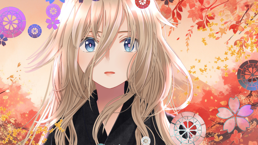 1girl alternate_costume alternate_hairstyle black_kimono blonde_hair blue_eyes cherry_blossoms hair_between_eyes highres ia_(vocaloid) japanese_clothes kimono long_hair long_sleeves looking_at_viewer messy_hair open_mouth pink_pupils ponta_(poqpon) solo very_long_hair vocaloid