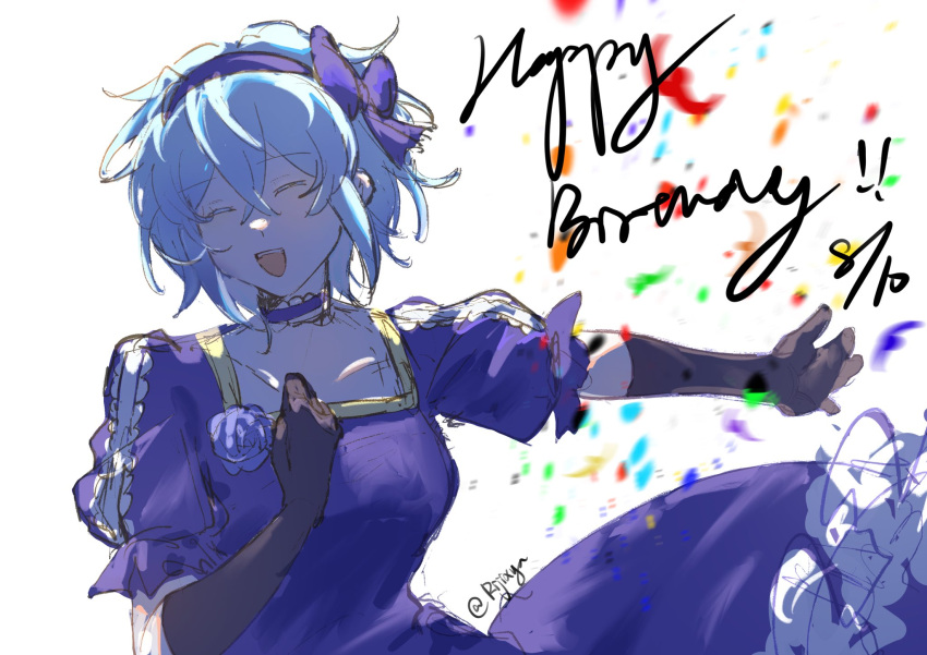 1girl black_gloves blue_bow blue_choker blue_dress blue_flower blue_hair blue_hairband bow choker claire_elford closed_eyes collarbone dated dress elbow_gloves flower frilled_choker frills gloves hair_between_eyes hair_bow hairband hand_on_own_chest happy_birthday highres open_mouth puffy_short_sleeves puffy_sleeves rijixyu short_hair short_sleeves smile solo teeth twitter_username upper_teeth_only white_background witch's_heart