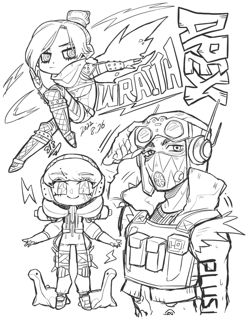 1boy 2girls @_@ airborne animification apex_legends aviator_cap bodysuit character_name copyright_name frown gloves goggles goggles_on_headwear greyscale highres hood hood_down hood_up hooded_bodysuit kuji-in lightning_bolt_symbol lineart looking_at_viewer mask monochrome mouth_mask multiple_girls nessie_(respawn) nose_piercing octane_(apex_legends) ookamiya818 piercing ribbed_bodysuit shirt smile stuffed_toy symbol-shaped_pupils v-shaped_eyebrows wattson_(apex_legends) wraith_(apex_legends)