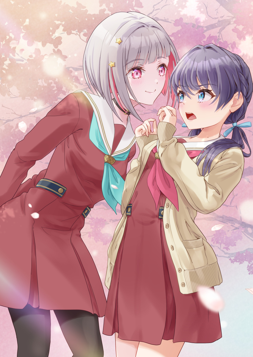 2girls absurdres arms_behind_back black_choker black_pantyhose blue_eyes blue_hair blurry blurry_foreground brown_cardigan brown_dress cardigan choker closed_mouth colored_inner_hair commentary_request dollchestra dress green_neckerchief grey_hair hair_ornament hasu_no_sora_school_uniform highres kobassy leaning_forward link!_like!_love_live! long_hair long_sleeves looking_at_another love_live! multicolored_hair multiple_girls murano_sayaka neckerchief open_cardigan open_clothes open_mouth pantyhose pink_eyes redhead sailor_collar school_uniform short_hair sleeves_past_wrists smile star_(symbol) star_hair_ornament streaked_hair twintails upper_body virtual_youtuber white_sailor_collar winter_uniform yugiri_tsuzuri