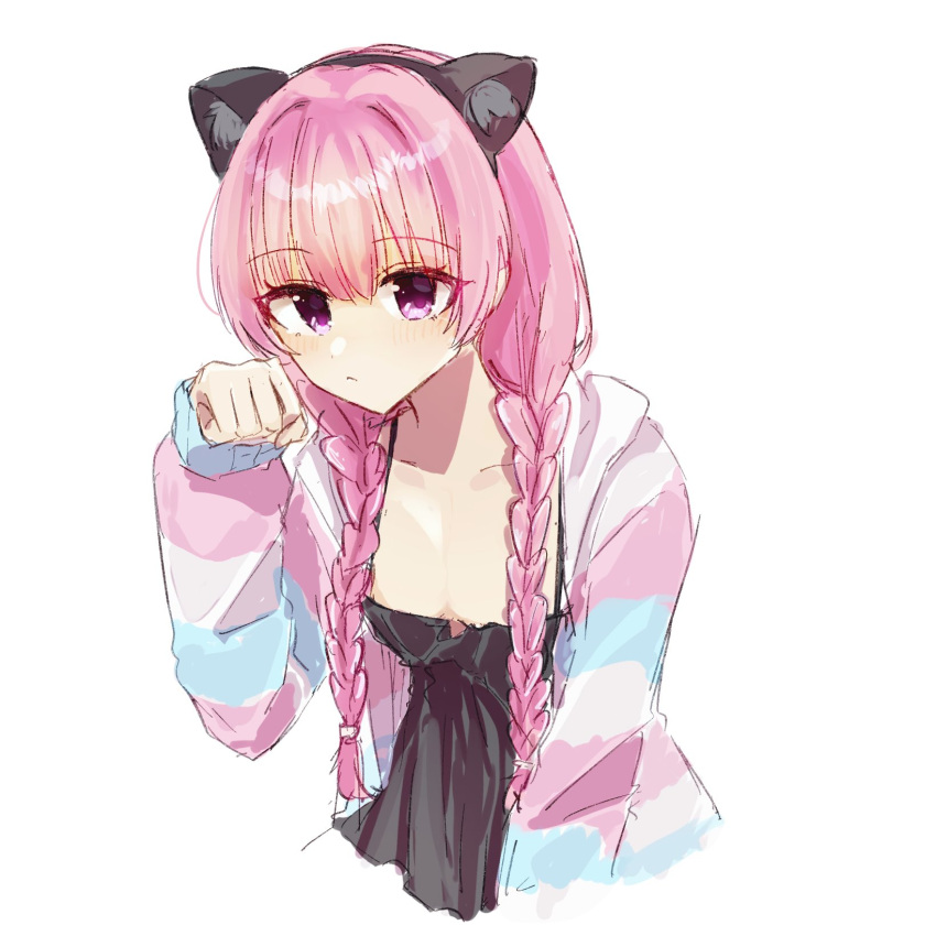 1girl :&lt; animal_ears black_camisole blazer blush braid breasts camisole cat_ears ch2sh closed_mouth commentary cropped_torso fake_animal_ears frown hair_between_eyes hand_up highres jacket long_hair looking_at_viewer low_twin_braids mitsukasa_ayase open_clothes open_jacket paw_pose pink_hair riddle_joker simple_background sketch sleeves_past_wrists small_breasts solo striped_clothes striped_jacket tsurime twin_braids upper_body violet_eyes white_background