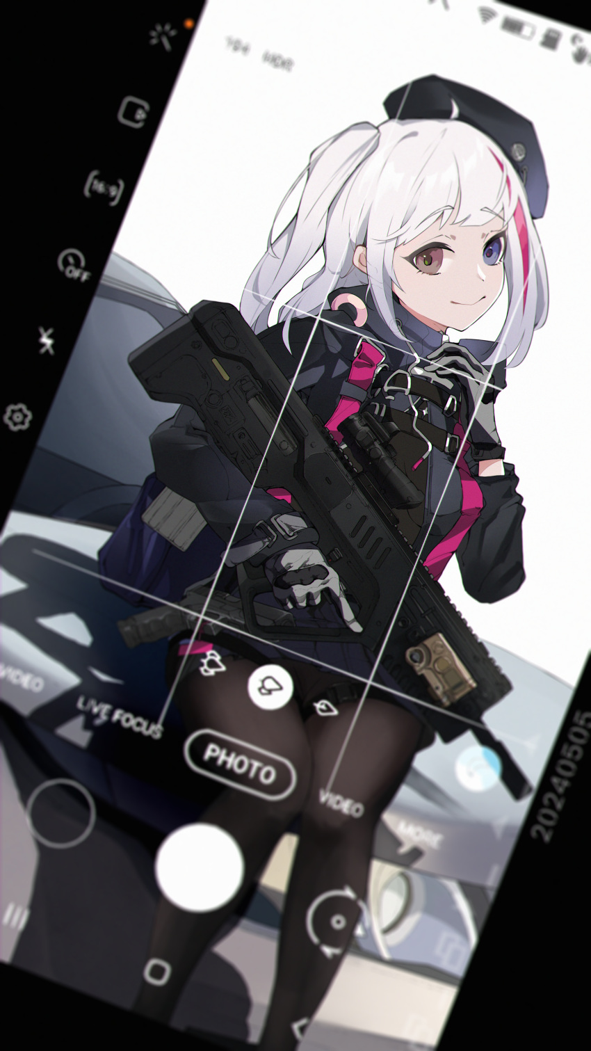 1girl :&gt; absurdres assault_rifle beret black_gloves black_pantyhose black_skirt blue_eyes bullpup car commentary desert_tech_mdr english_commentary girls_frontline gloves grey_gloves gun hat heterochromia highres holding holding_gun holding_weapon huali_(shouxing2013) long_hair looking_at_viewer mdr_(girls'_frontline) motor_vehicle multicolored_hair one_side_up pantyhose pink_hair pleated_skirt red_eyes rifle scope sitting skirt smile solo streaked_hair trigger_discipline two-tone_gloves user_interface viewfinder weapon white_hair