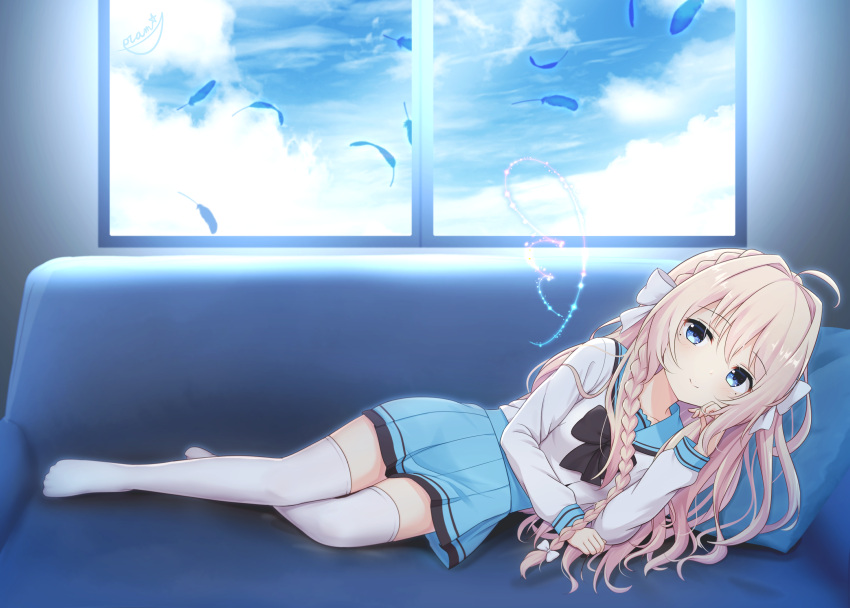 1girl absurdres ahoge backlighting black_bow black_bowtie blonde_hair blue_eyes blue_sailor_collar blue_skirt blue_sky bow bowtie braid closed_mouth collarbone couch crown_braid drawn_wings falling_feathers feathers hair_bow hair_intakes head_on_pillow highres long_braid long_hair looking_at_viewer lying miniskirt mole mole_under_each_eye mole_under_eye multiple_moles no_shoes on_couch on_side pleated_skirt re:stage! sailor_collar school_uniform serafuku shiratori_amaha_(re:stage!) shirt sidelocks signature single_braid skirt sky smile solo thigh-highs white_bow white_shirt white_thighhighs window yutuki_ame zettai_ryouiki