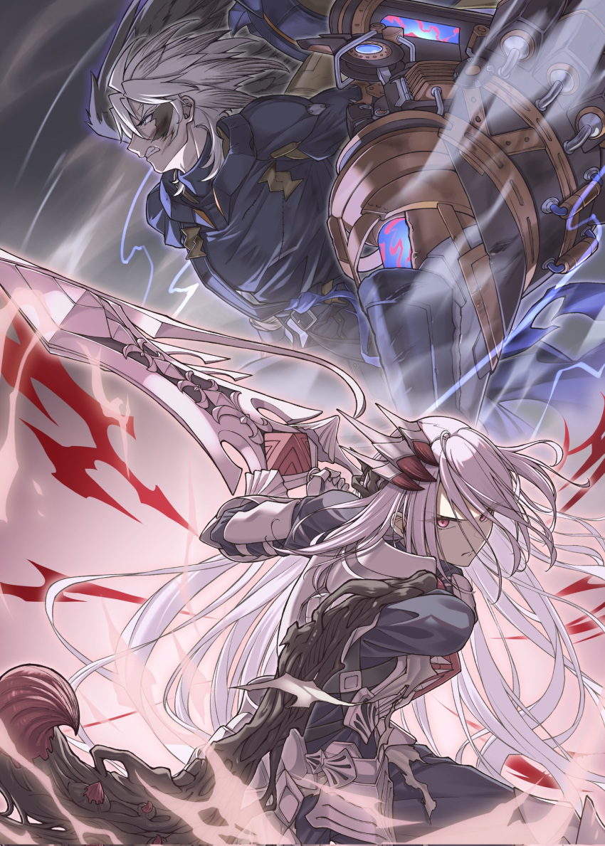 1boy 1girl alternate_form arm_cannon armor blue_eyes breasts despian_luluwalilith duel_monster fake_horns fleurdelis_(yu-gi-oh!) full_armor gauntlets greaves grey_hair highres holding holding_sword holding_weapon horned_headwear horns long_hair mechanical_wings nw_0925 purple_hair red_eyes sword tiara tri-brigade_shuraig_the_ominous_omen weapon wings yu-gi-oh!