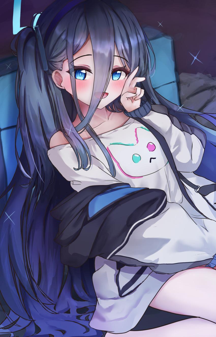 1girl absurdly_long_hair absurdres aris_(blue_archive) black_hair black_hairband blue_archive blue_eyes blue_halo blush breasts collarbone hairband halo highres jacket long_hair long_sleeves looking_at_viewer nonoka7221 one_side_up open_clothes open_jacket open_mouth small_breasts smile solo very_long_hair white_background white_jacket
