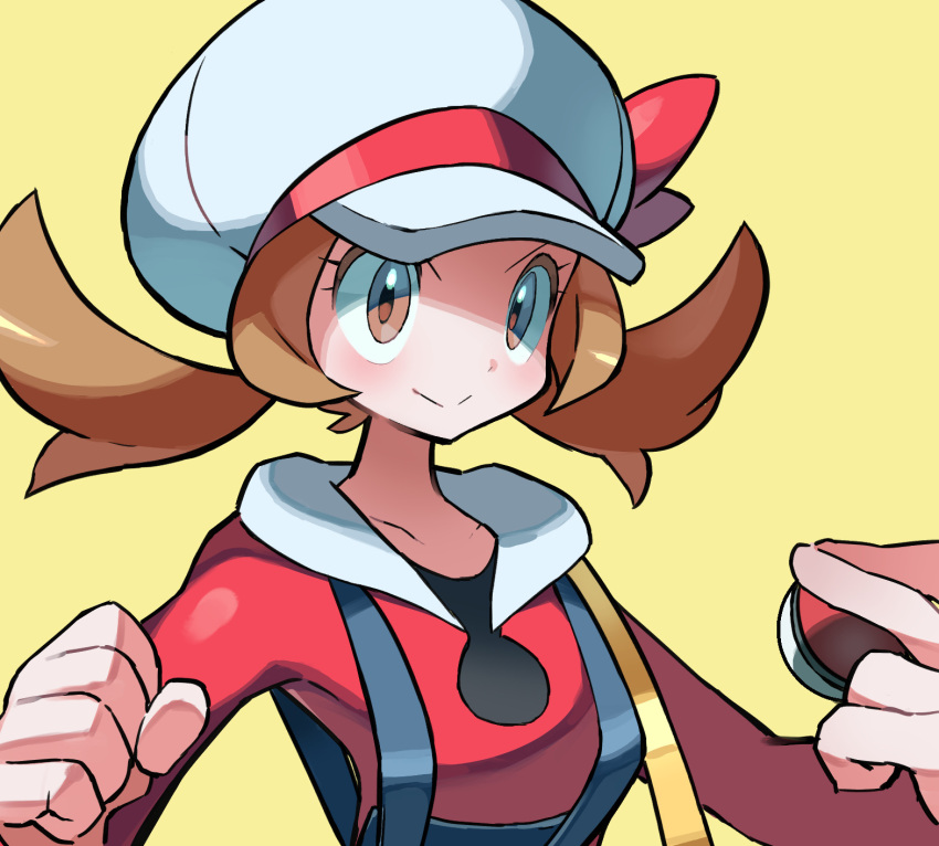 1girl :&gt; bag blue_overalls bow brown_eyes brown_hair cabbie_hat clenched_hand closed_mouth collarbone commentary_request hands_up hat hat_bow highres holding holding_poke_ball hyou_(hyouga617) long_hair lyra_(pokemon) overalls partial_commentary poke_ball poke_ball_(basic) pokemon pokemon_hgss red_bow red_shirt shirt simple_background smile solo twintails upper_body white_hat yellow_background yellow_bag